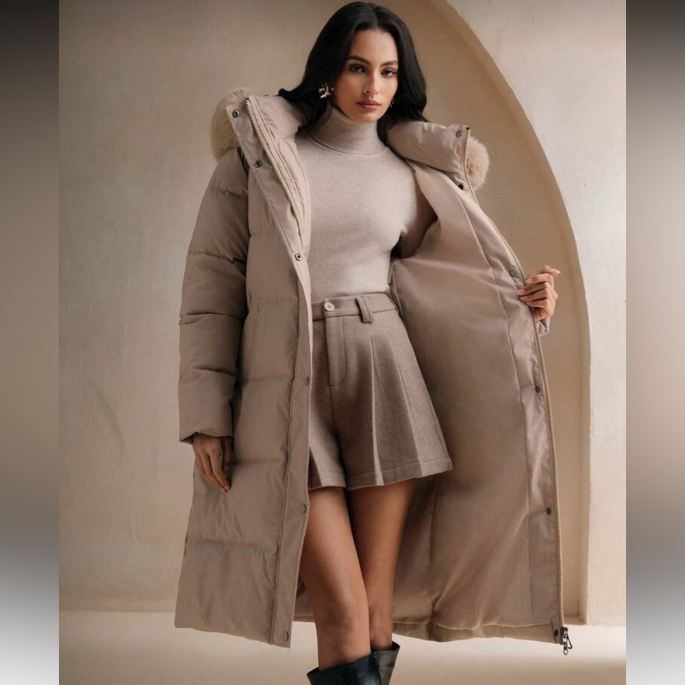 Faux fur lined hooded quilted puffer jacket long full length coat belted black - Picture 11 of 13